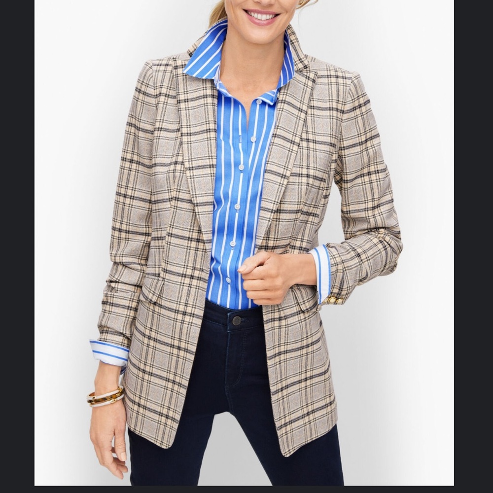 Talbots Foliage Plaid Long Blazer Cream and Navy Classic Blazer Size 2